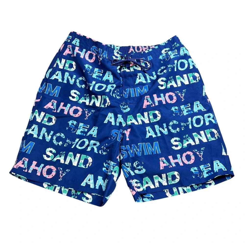 Brooks Brothers Mens Large Blue Nautical Word Board Shorts Swim Trunks 100056286